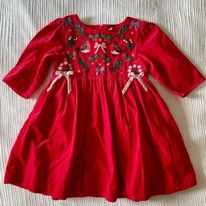 Mini Boden Embroidered Cord Dress Pop Peony Festive Sz 4-5T